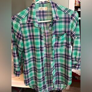 Hollister Junior Button up plaid loose 3/4 sleeve shirt  great condition XS